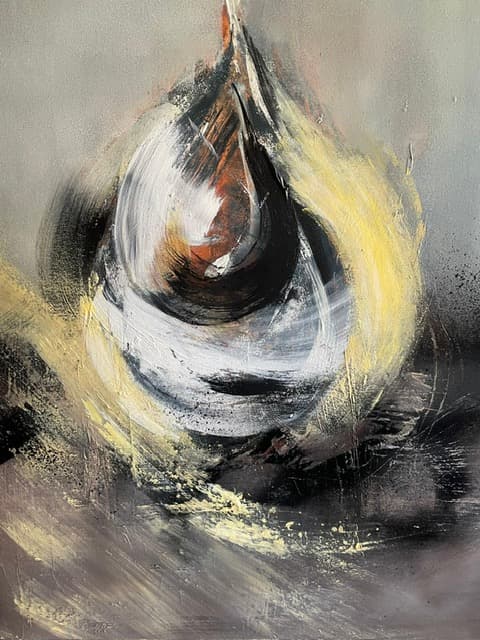 Forme ovale blanche et noire cernée de jaune, comme une coque ouverte sur un fond gris.