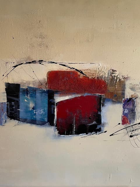 Composition abstraite de rectangles rouges et bleus posés sur un fond crème, traversée de traits noirs.